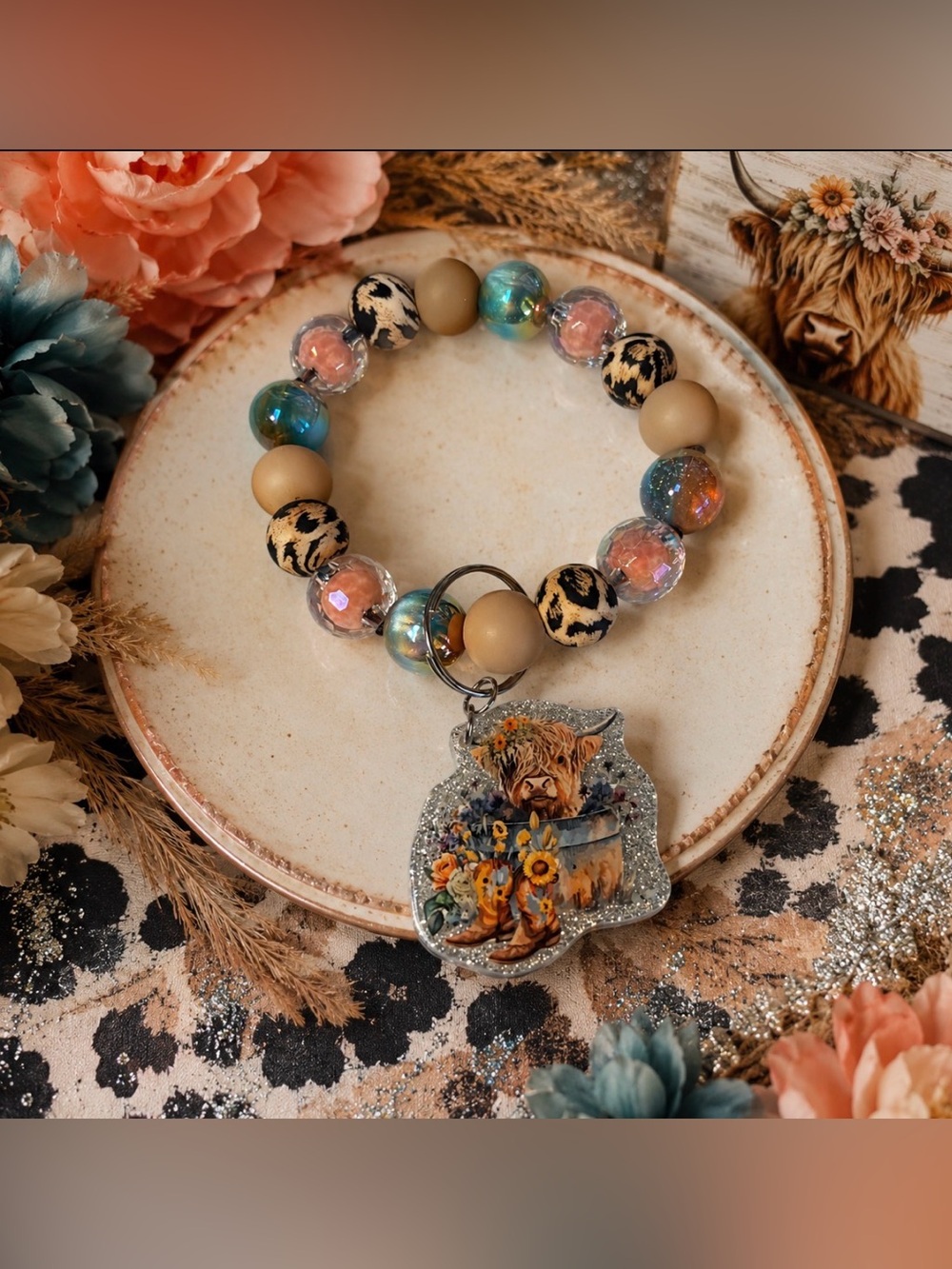 Beaded Wristlet Keychain with Floral Highland Cow Charm - Tan, Teal, Peach